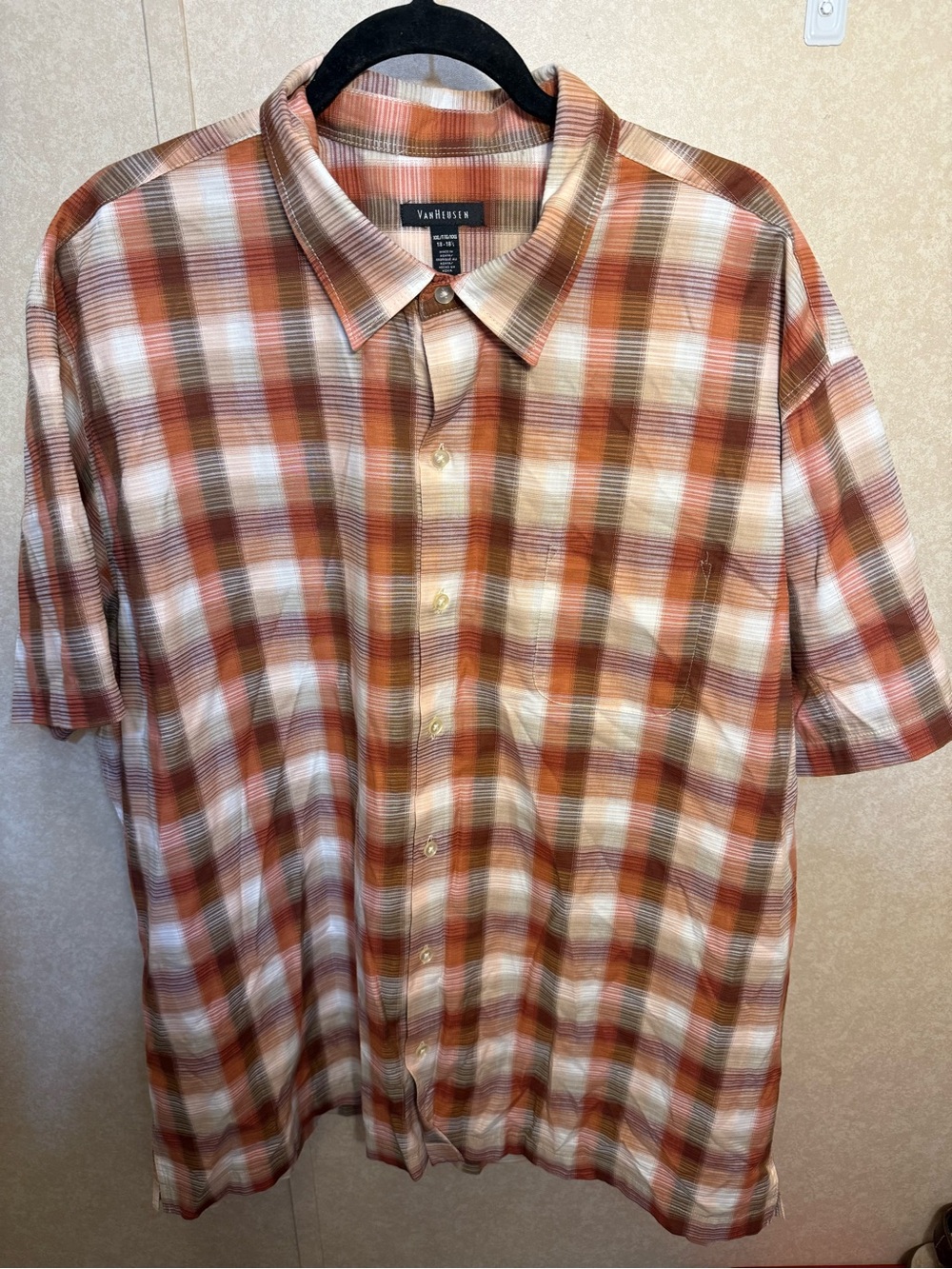 Van Heusen Shirt Men’s XXL 18 - 18.5 1/2 Orange Brown White Check Short Sleeve